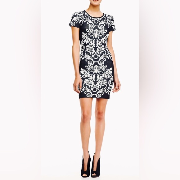 Parker New York Short Sleeve Jacquard Intarsia Knit High Contrast Mini Dress - Picture 1 of 8